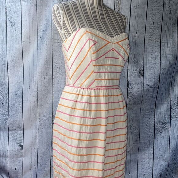 Shoshanna Cream & Pink Strapless Striped Mini Dress size 6 Sweetheart Neckline - Picture 6 of 12